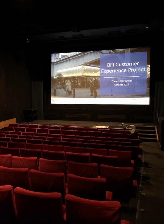 BFI Customer Experience Project report slides presented on a film screen in a cinema